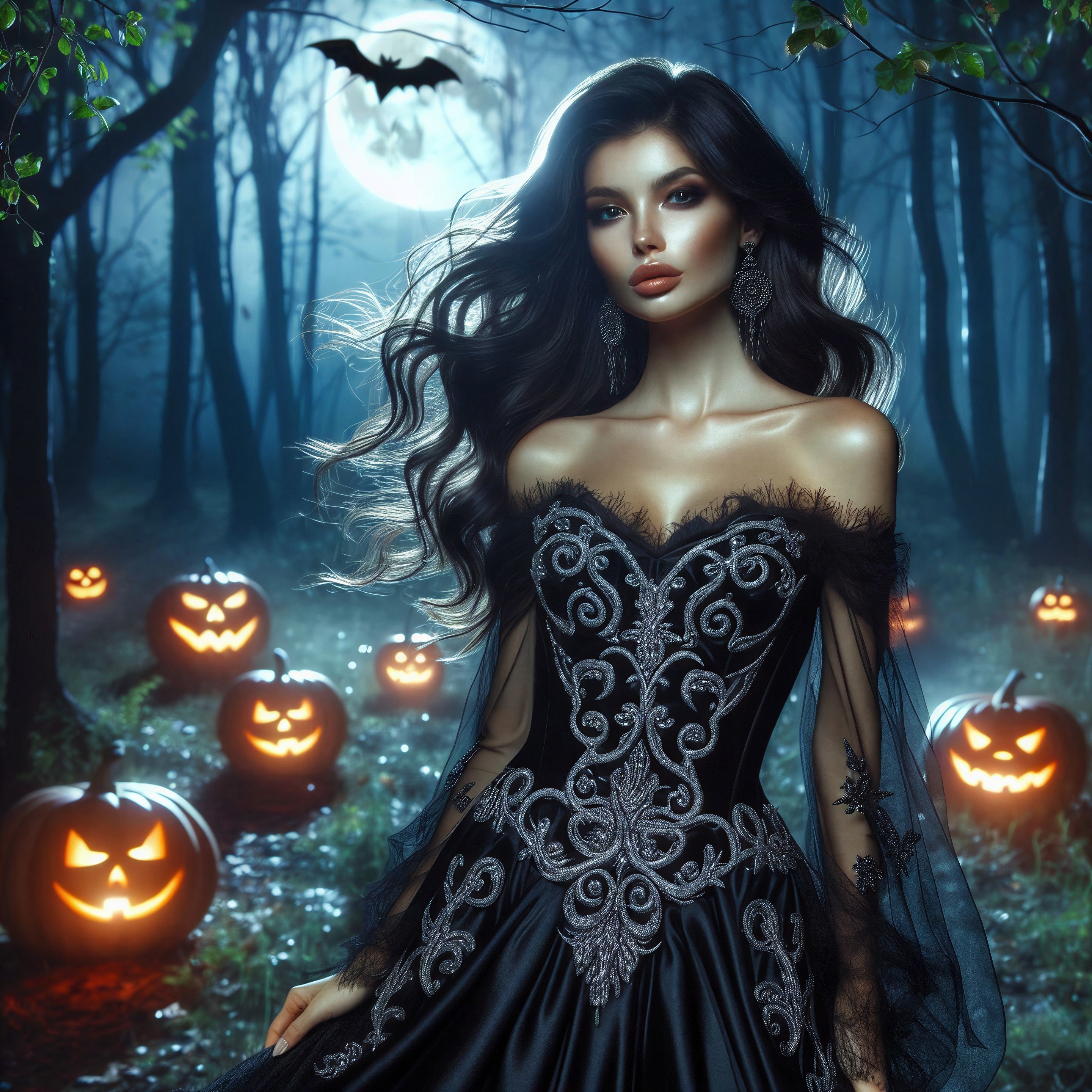Mysterious Figure in Moonlit Forest with Pumpkins