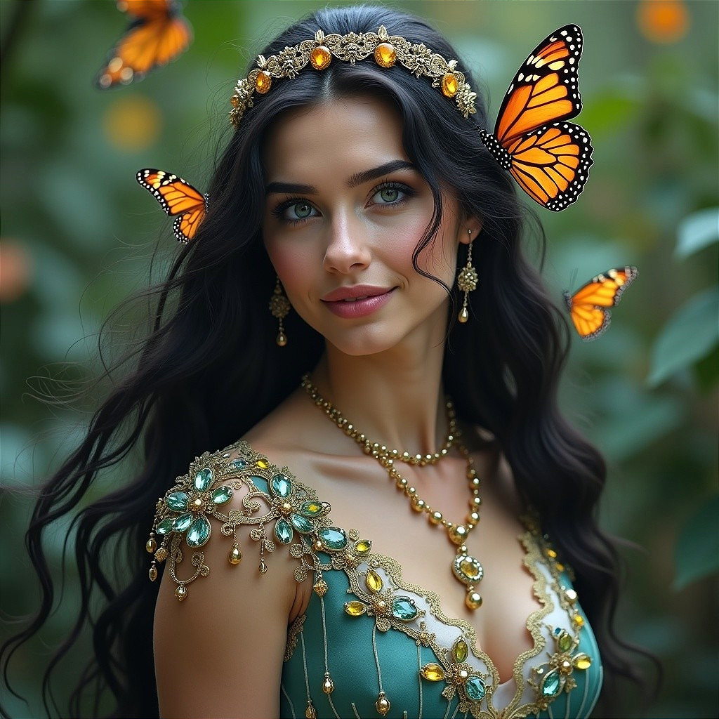 Woman in Green Gown Surrounded by Butterflies in Garden