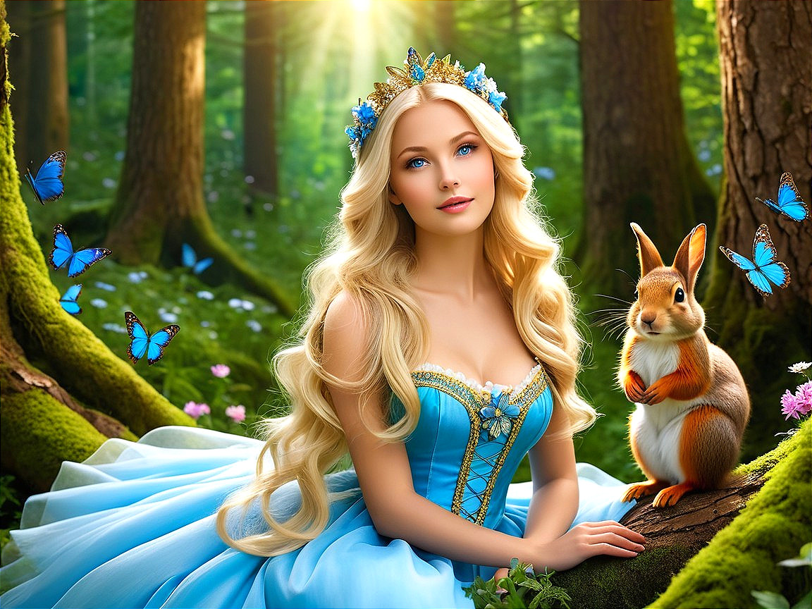 Young woman in blue gown in vibrant forest setting