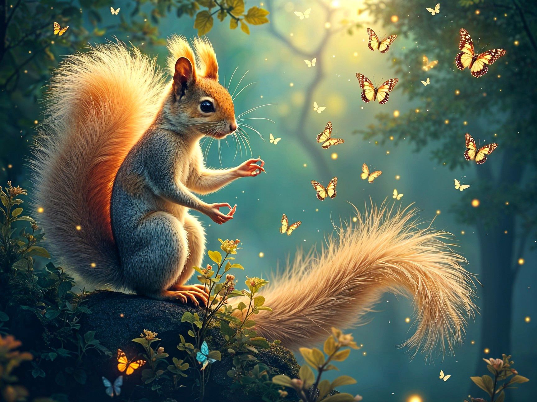 Whimsical Squirrel Surrounded by Glowing Butterflies
