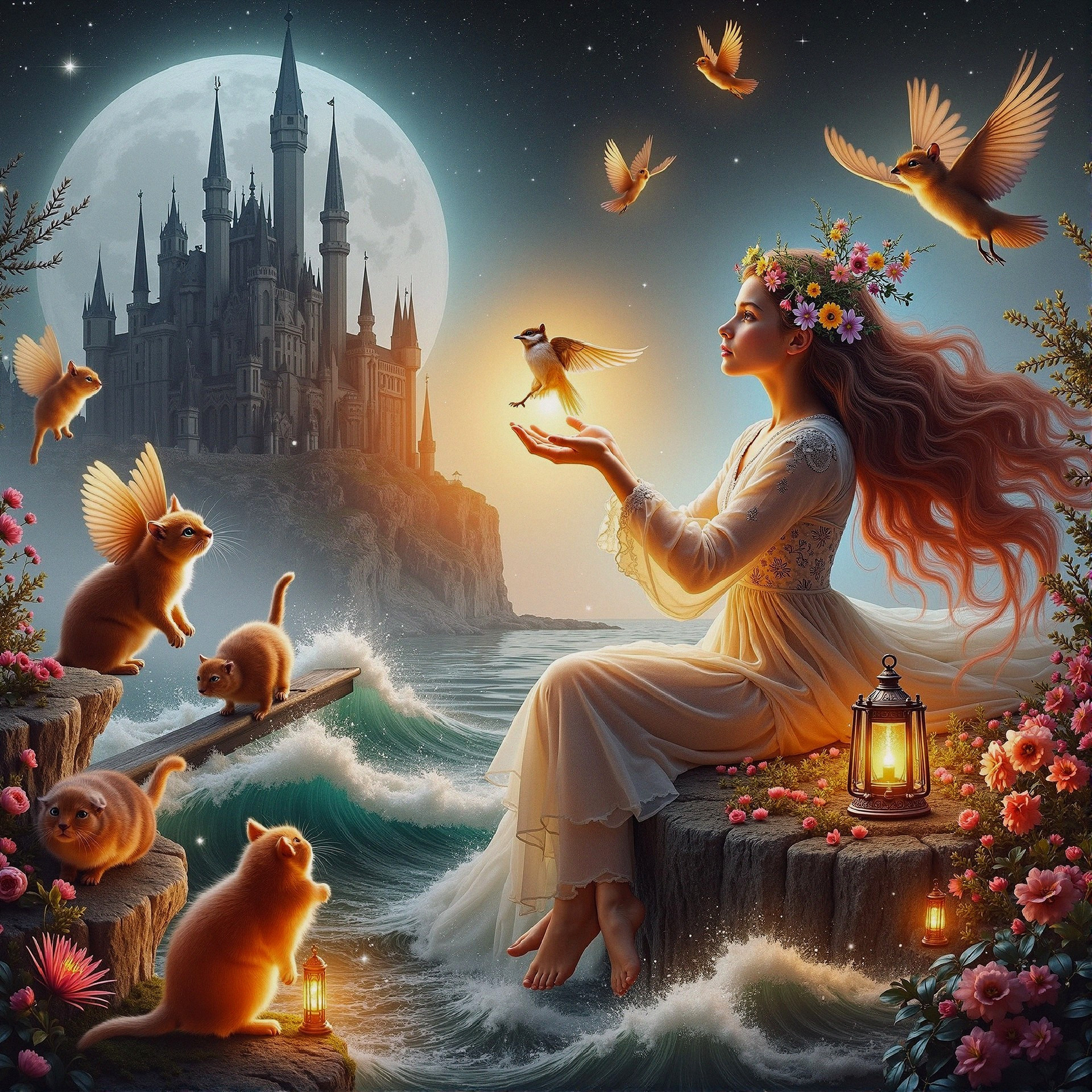 Serene Woman with Bird on Rocky Shore at Night