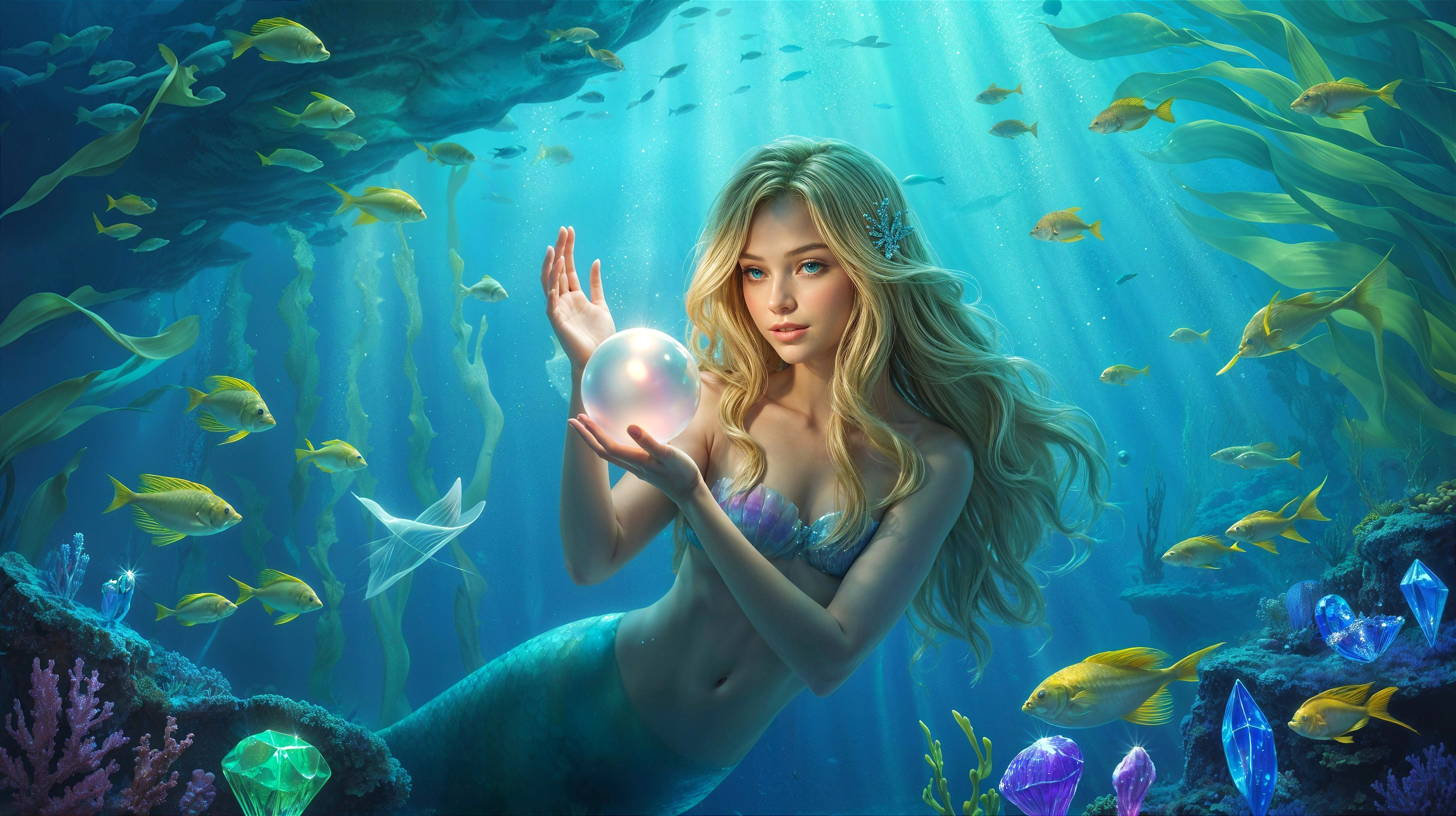 Underwater Scene with Mermaid and Glowing Pearl