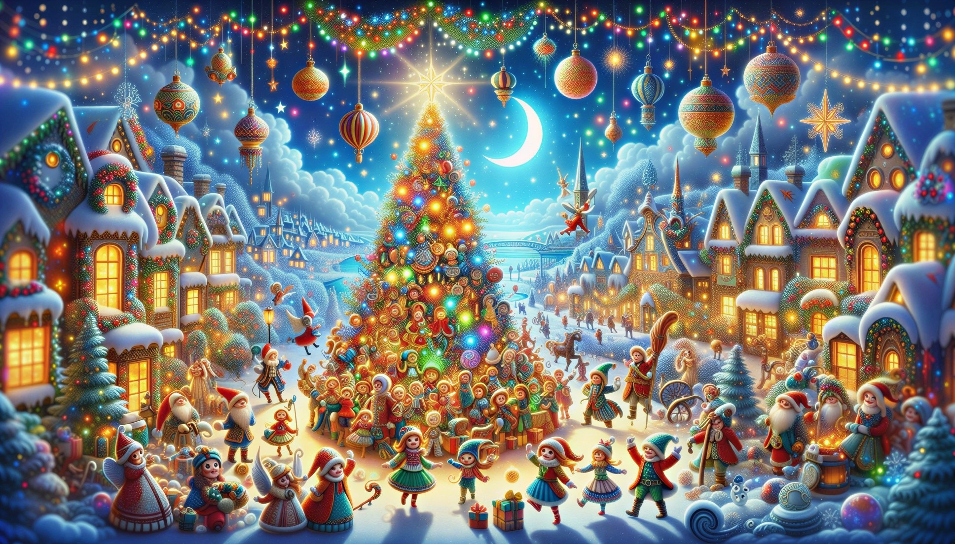 Colorful Winter Scene with Christmas Festivities