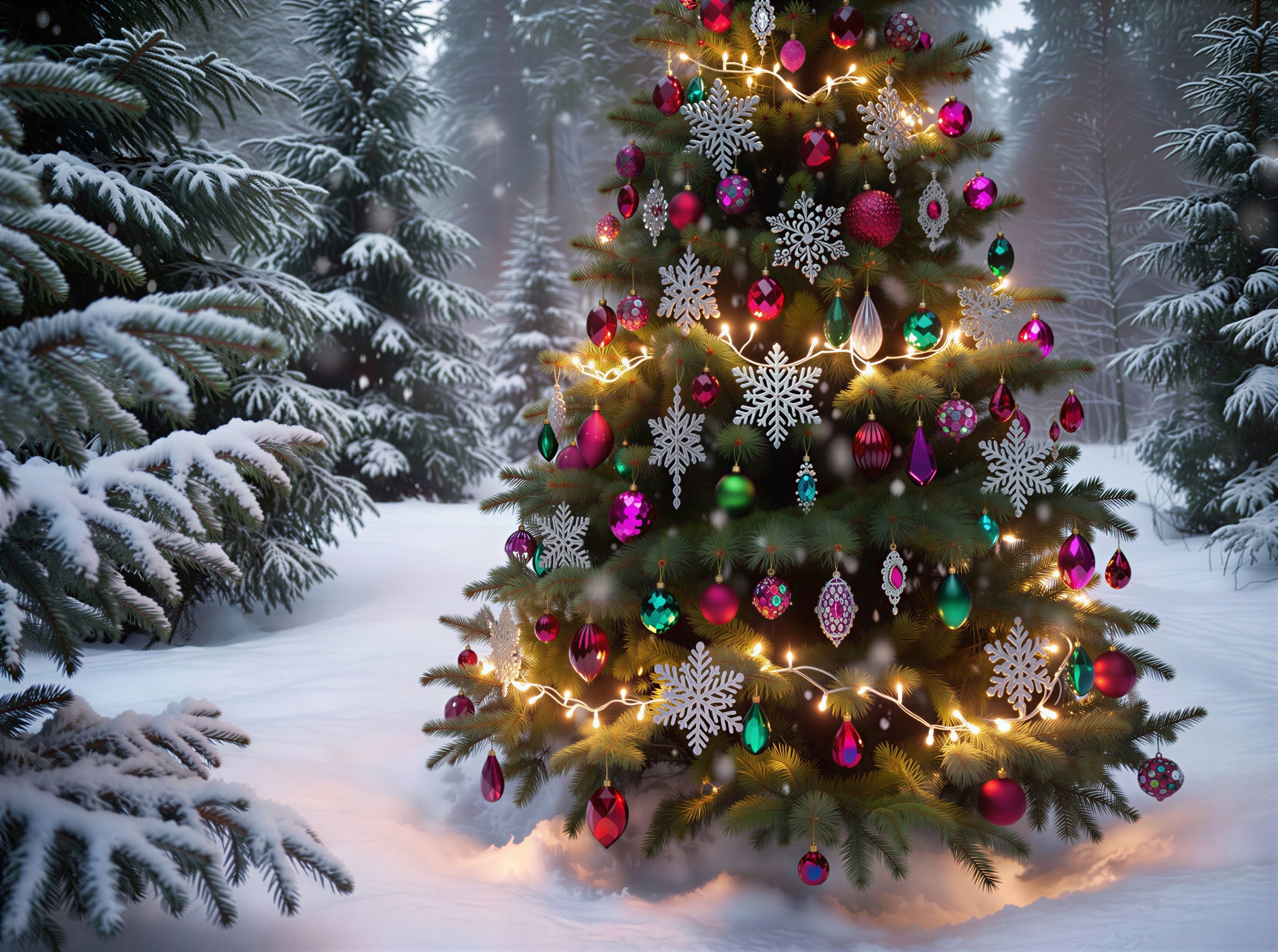 Vibrant Christmas tree in a snowy forest setting