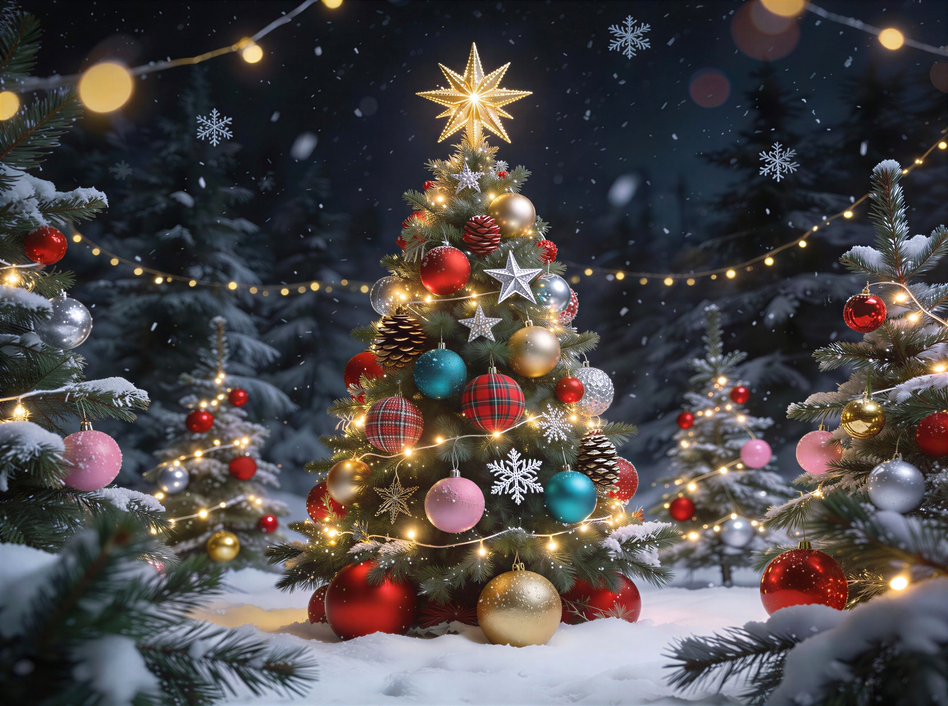 Winter Wonderland Night Scene with Illuminated Trees