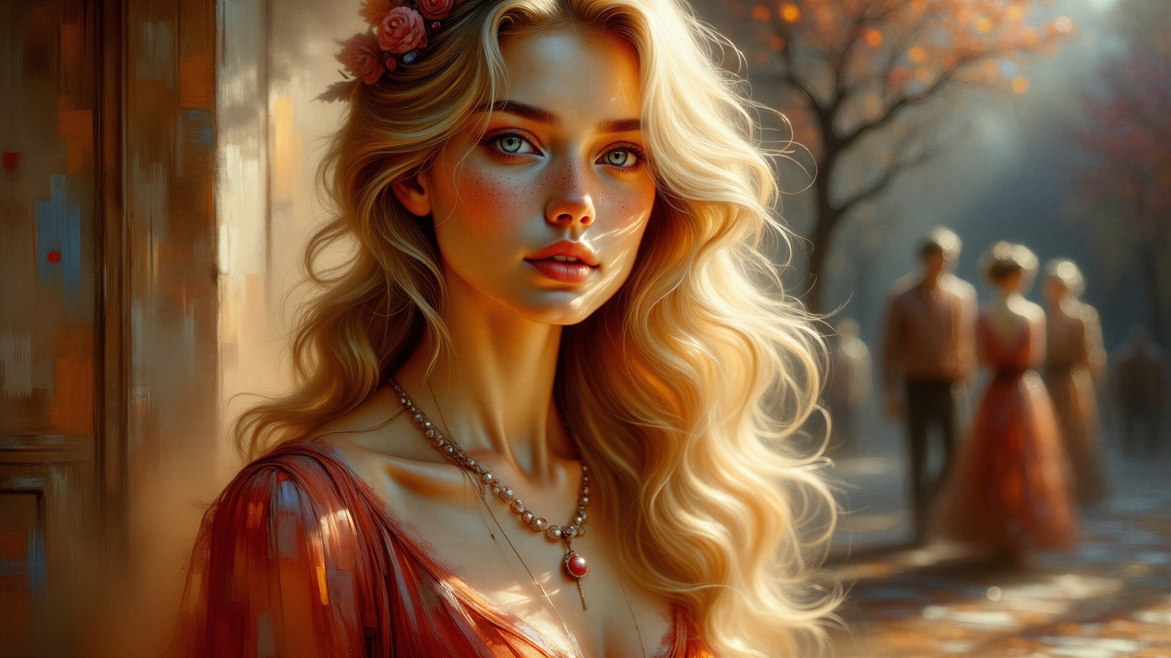 Ethereal Woman in Rosy Gown Amidst Autumn Scene