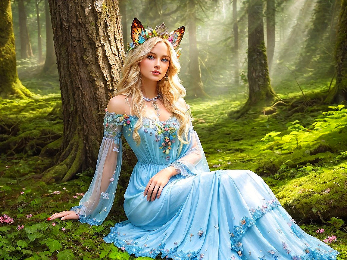 Young Woman in Blue Gown in Enchanted Forest