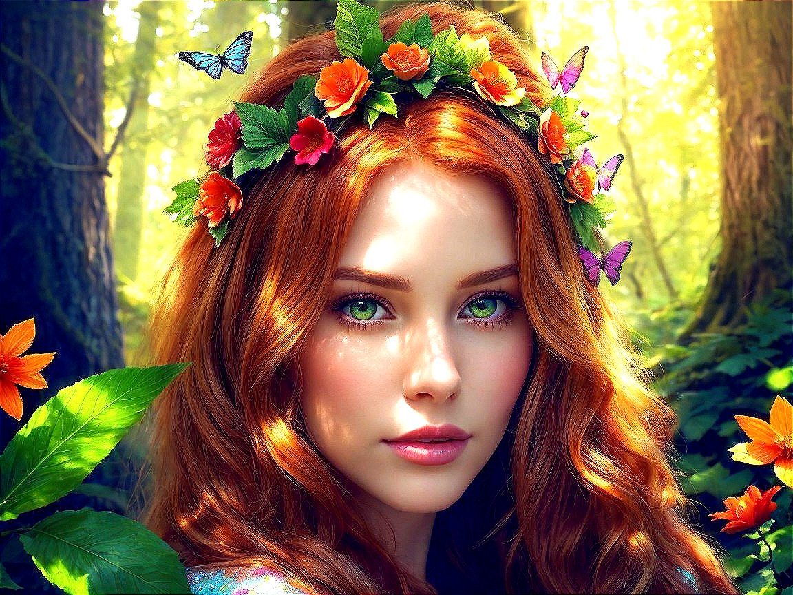 Young woman with red hair in sunlit forest setting