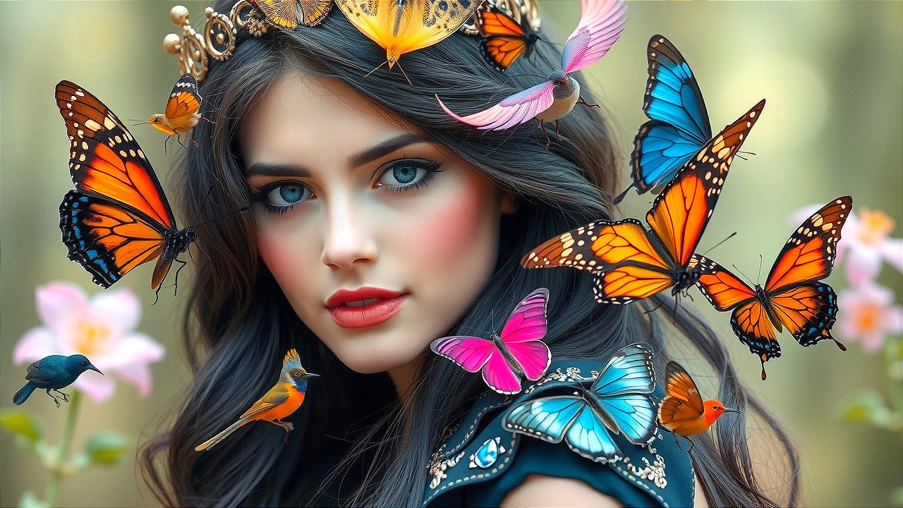 Young woman with blue eyes and butterflies in nature