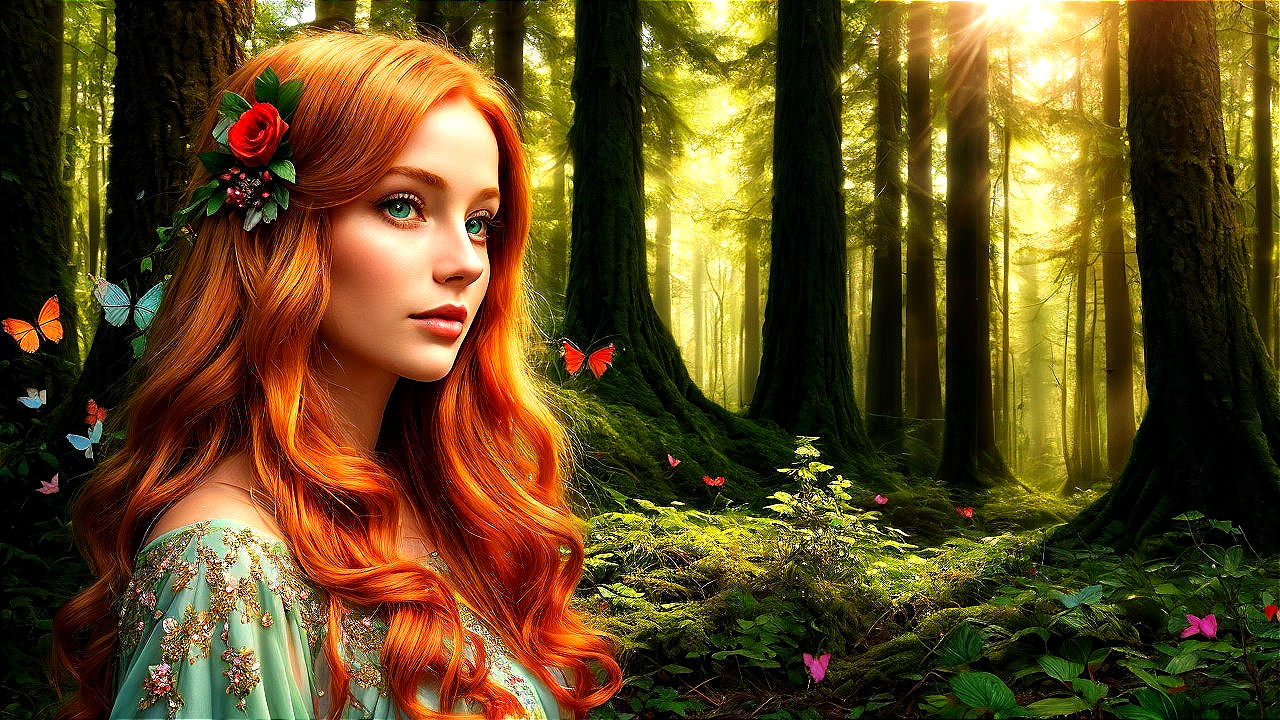 Young woman in forest with butterflies and sunlight