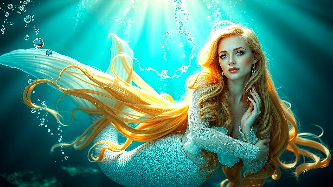 Mermaid Swimming in Crystal-Clear Water with Bubbles