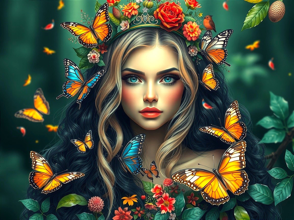 Portrait of a Young Woman with Butterflies and Flowers