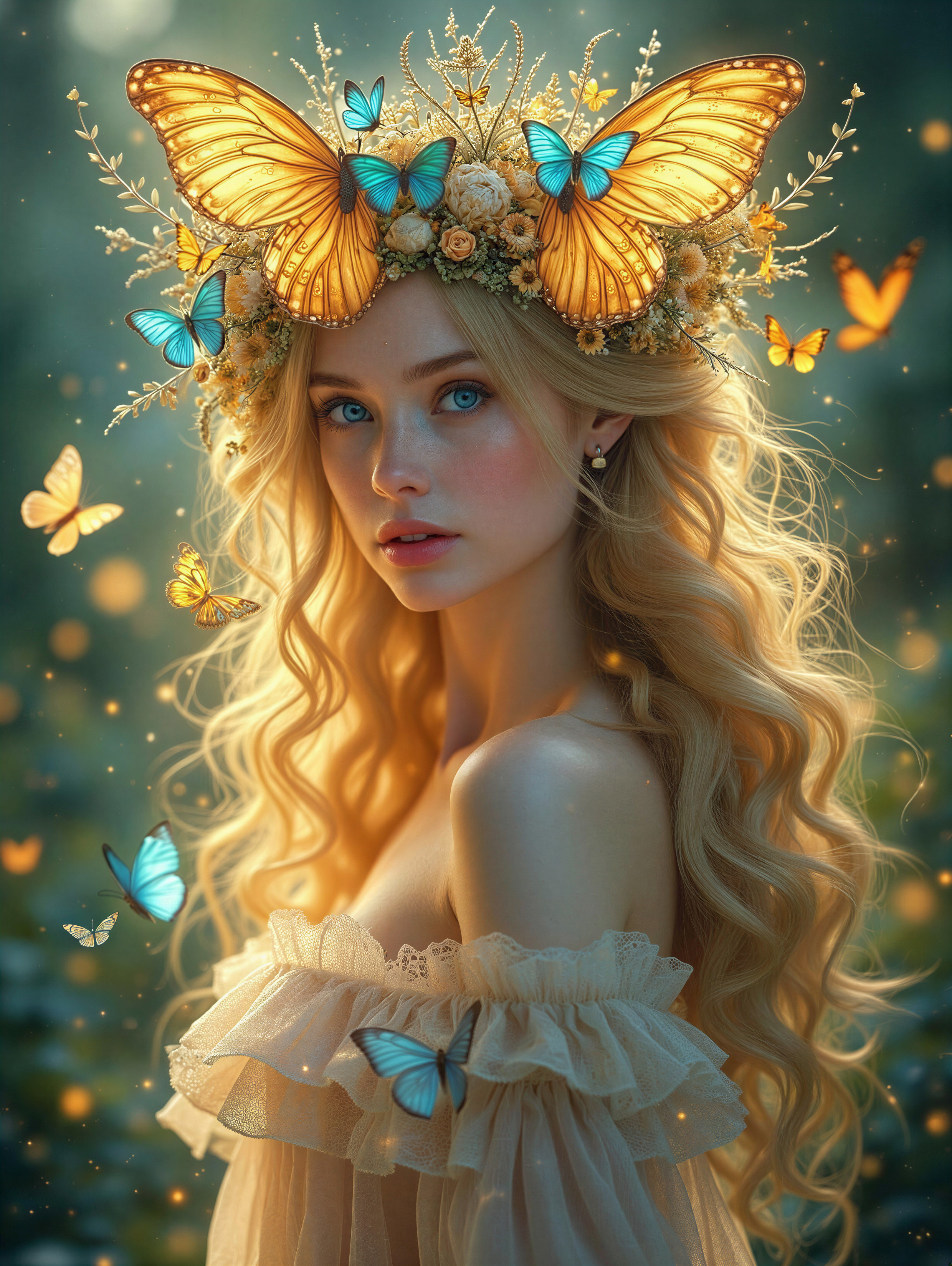 Young woman with floral crown and butterflies in light