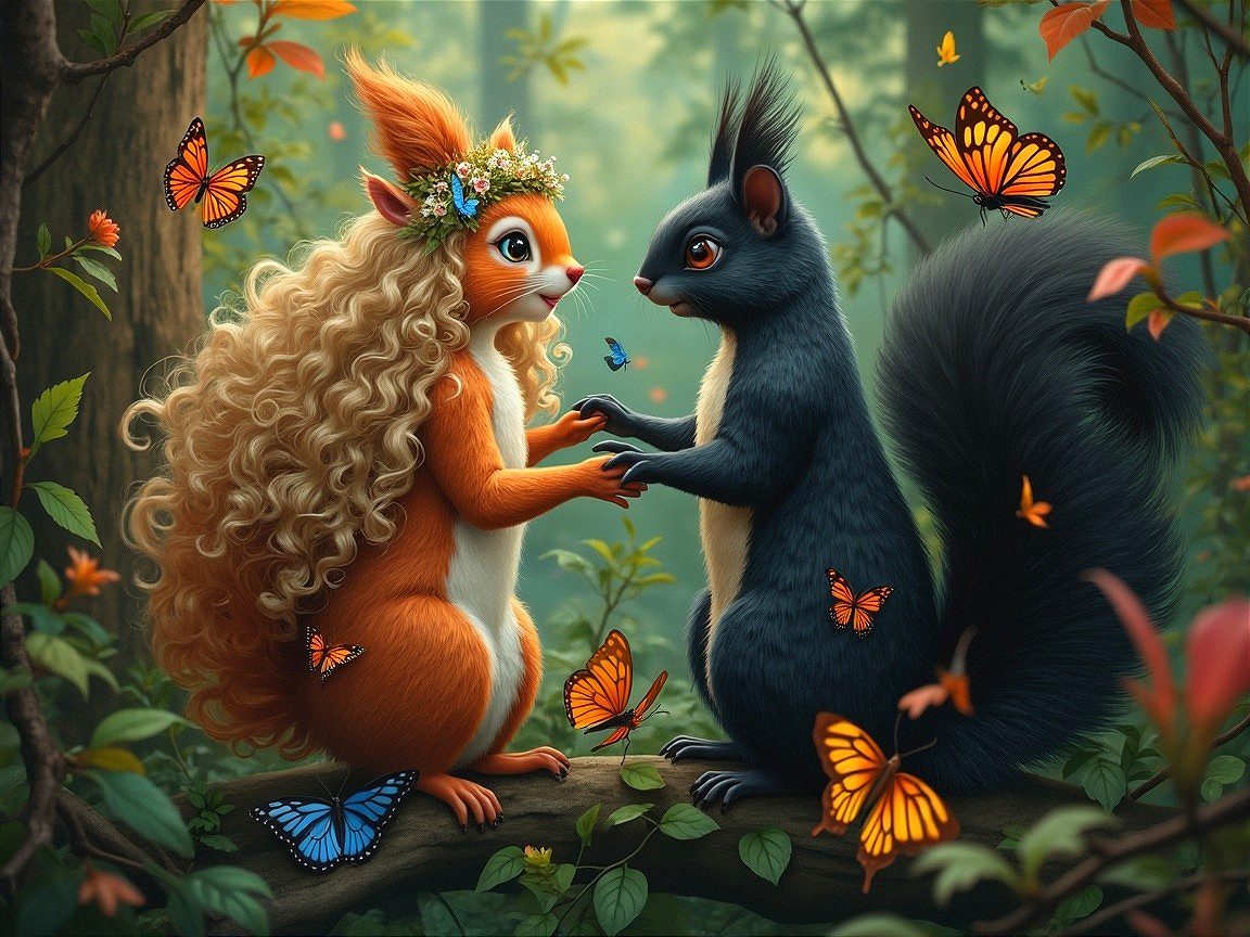 Orange and black squirrels in a magical forest setting