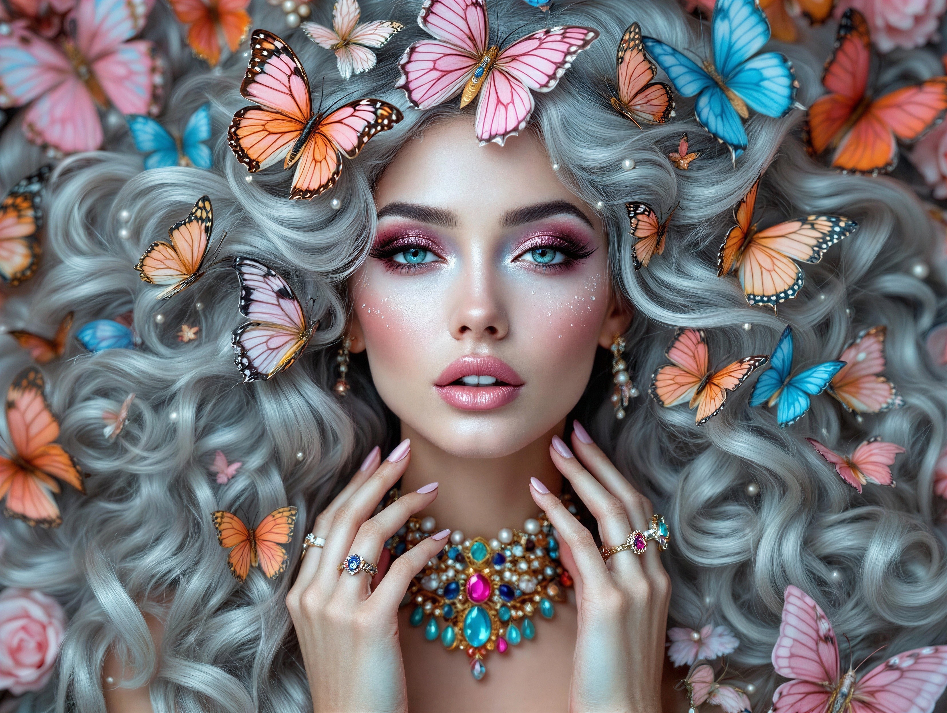 Silver-haired woman with butterflies and roses backdrop