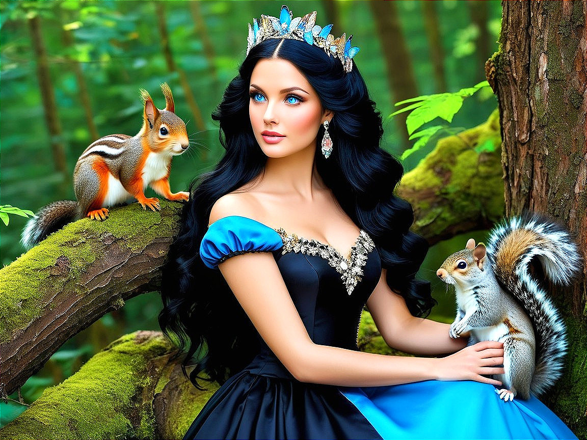 Young Woman in Blue Gown Surrounded by Forest Creatures