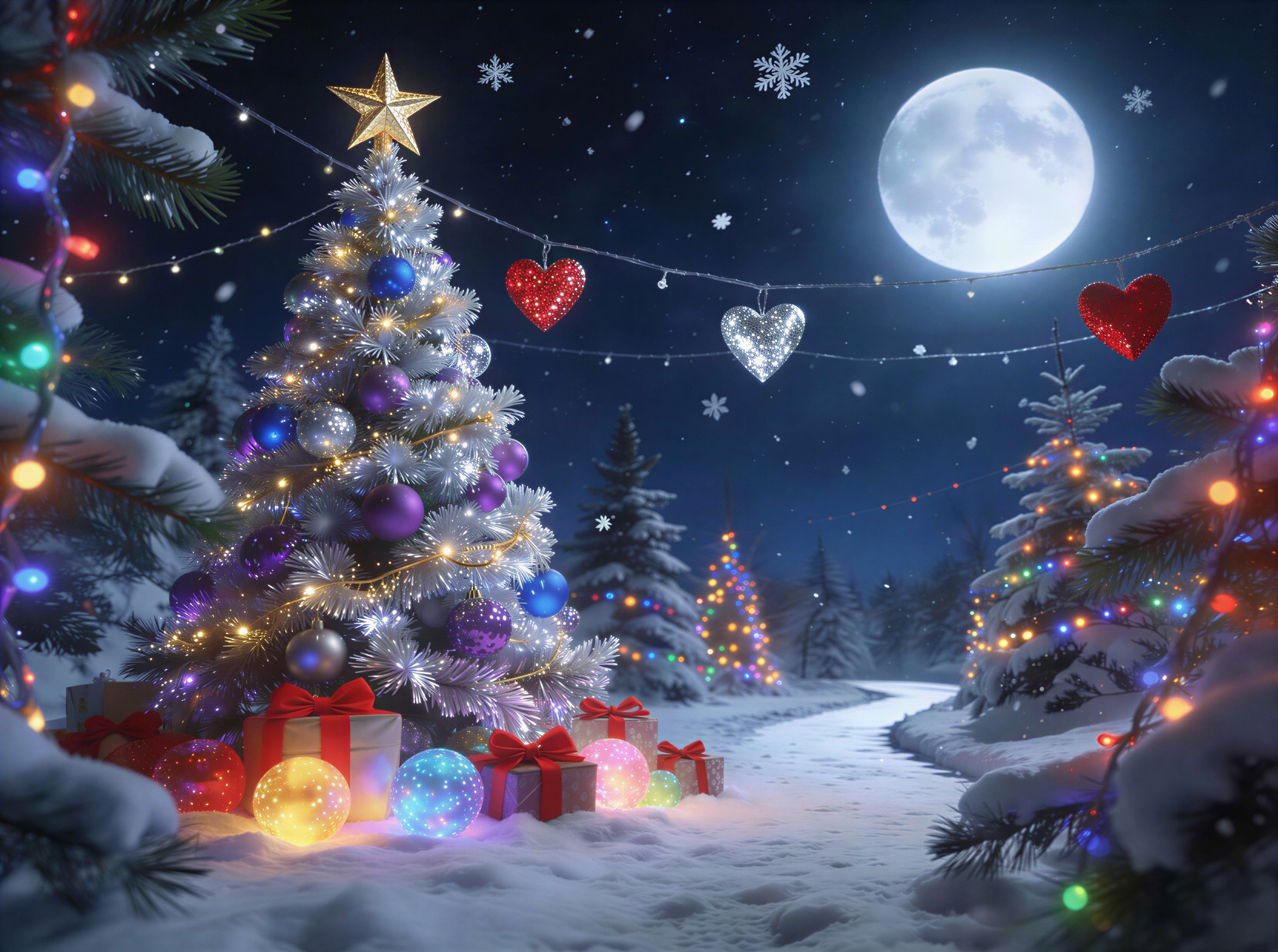 Whimsical Winter Wonderland with Christmas Tree and Lights