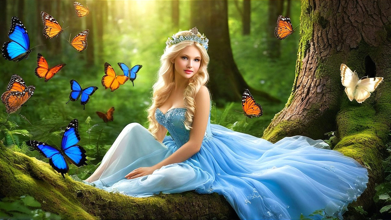 Young woman in blue gown surrounded by butterflies