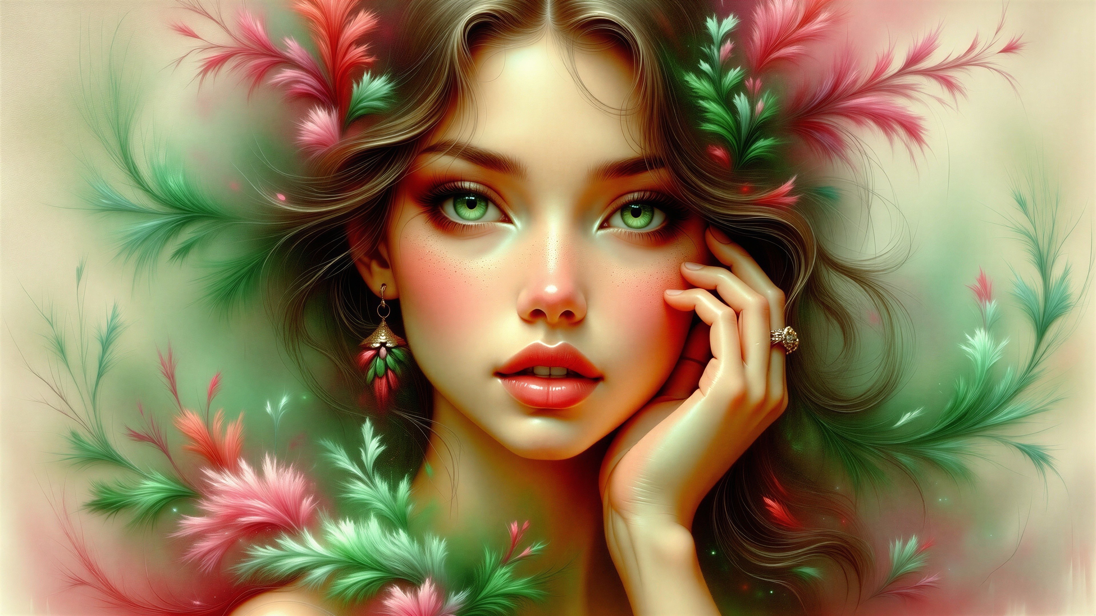 Portrait of a Young Woman with Green Eyes and Flowers