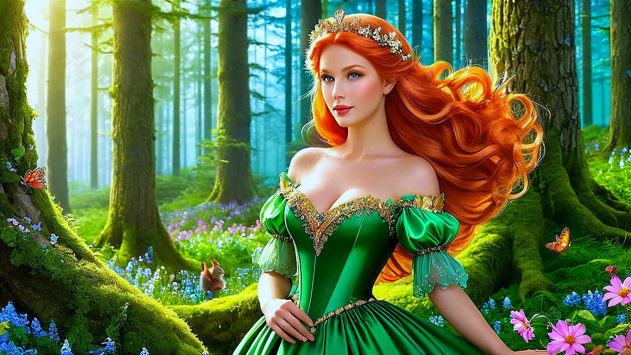 Princess in Enchanted Forest with Vibrant Gown and Wildlife