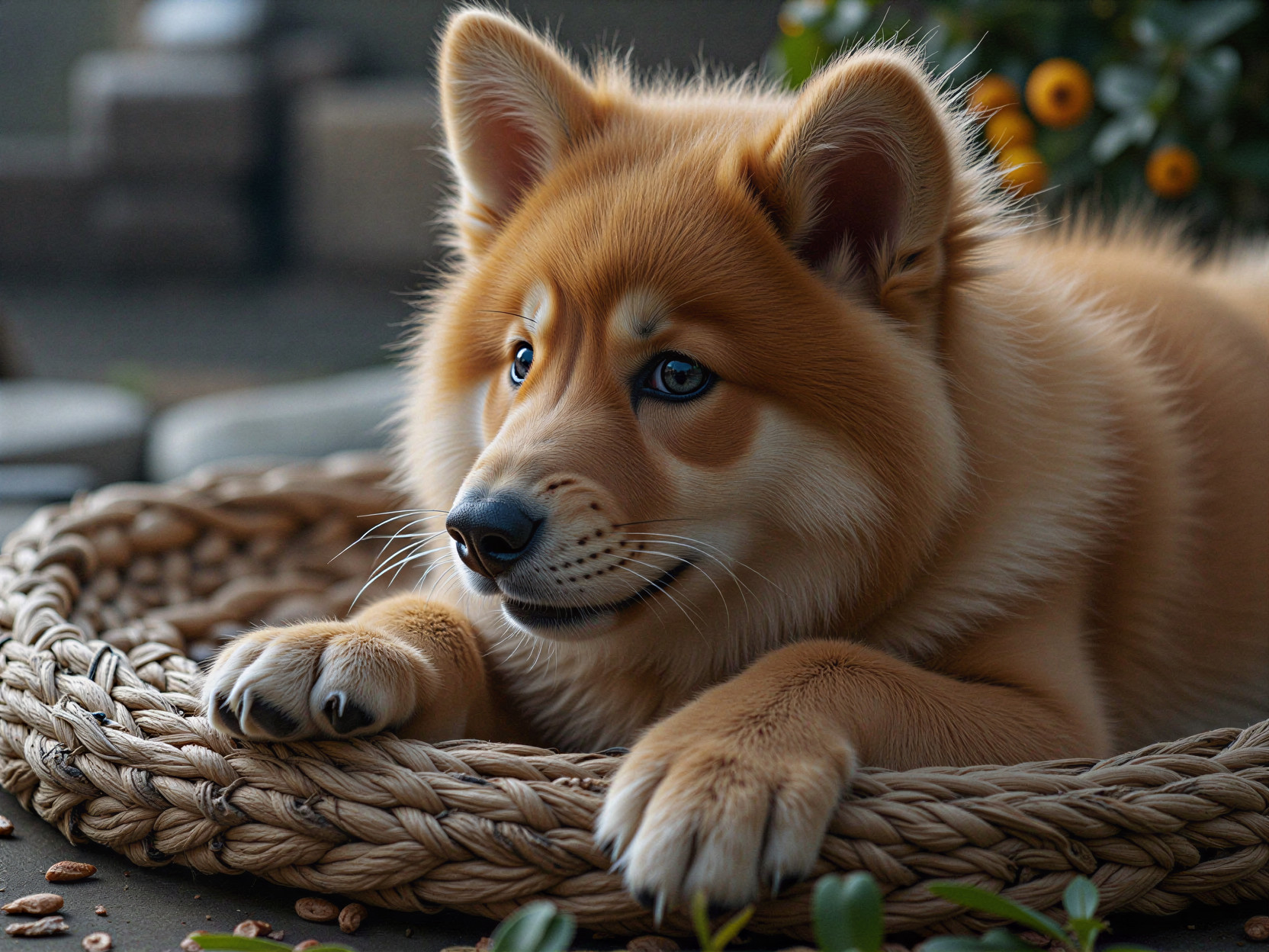 Fluffy Light Brown Dog Relaxing in a Woven Basket