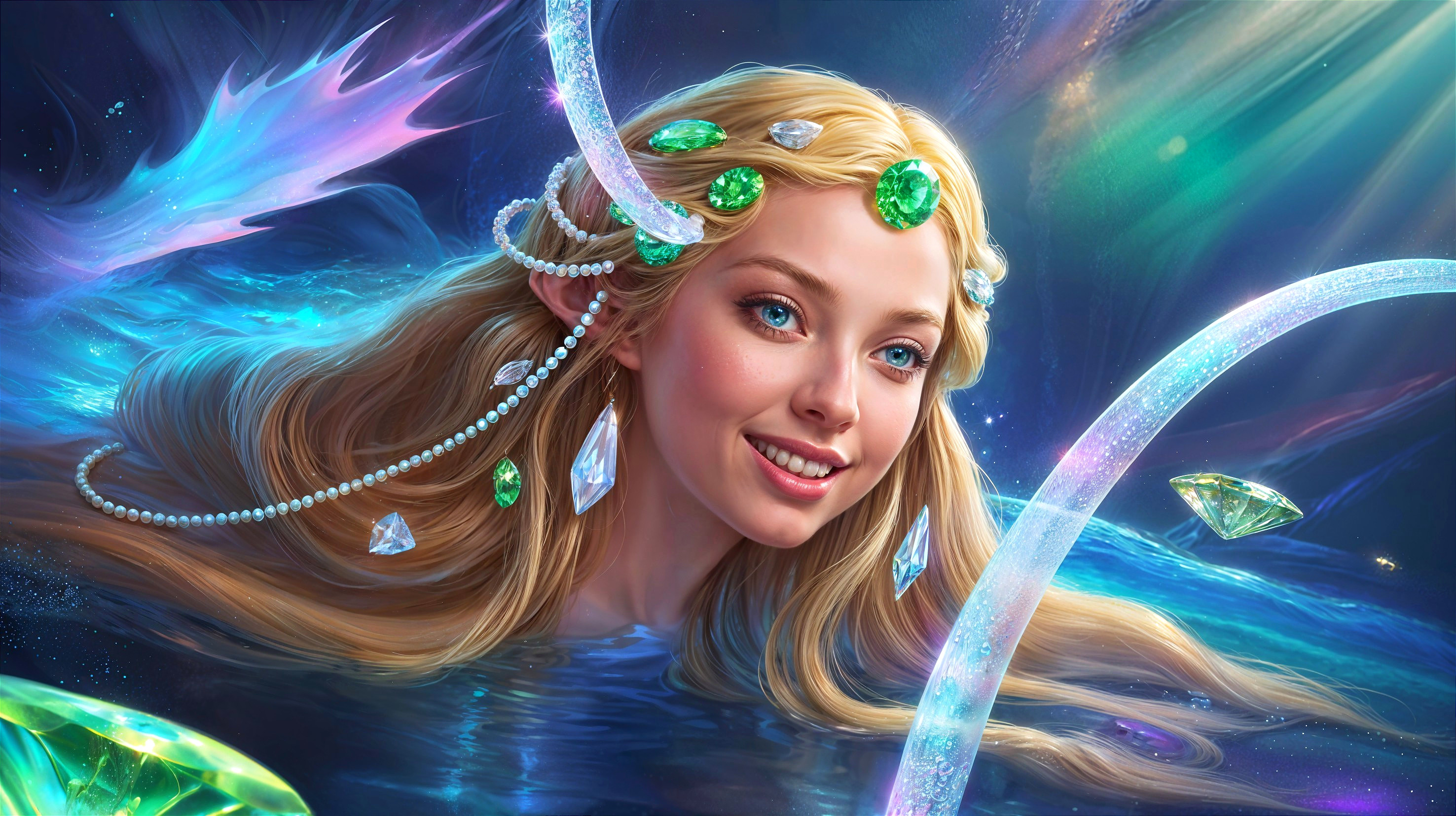 Mystical Figure in Aquatic Scene with Gems and Ribbons