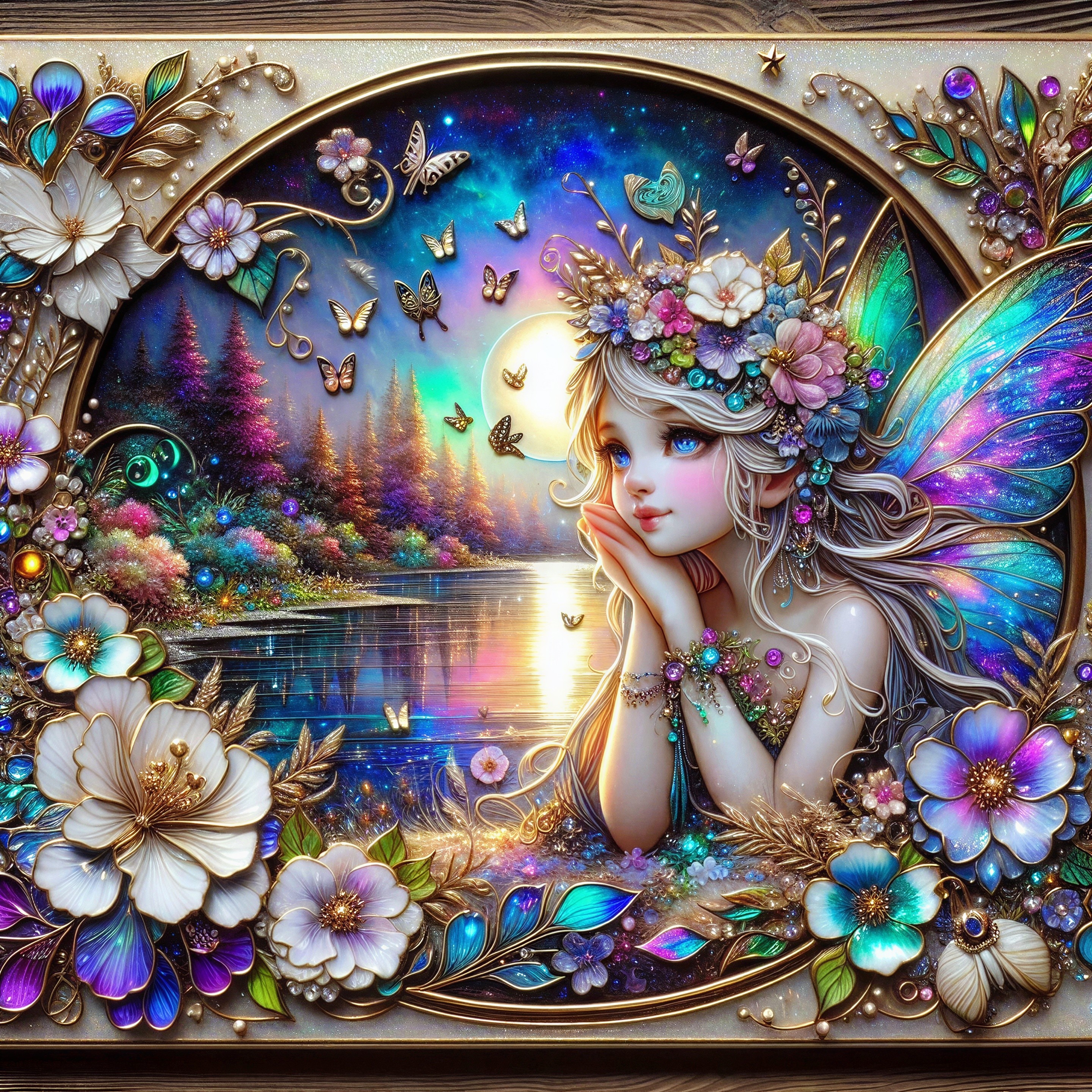 Whimsical Fairy by Serene Lake with Vibrant Flowers