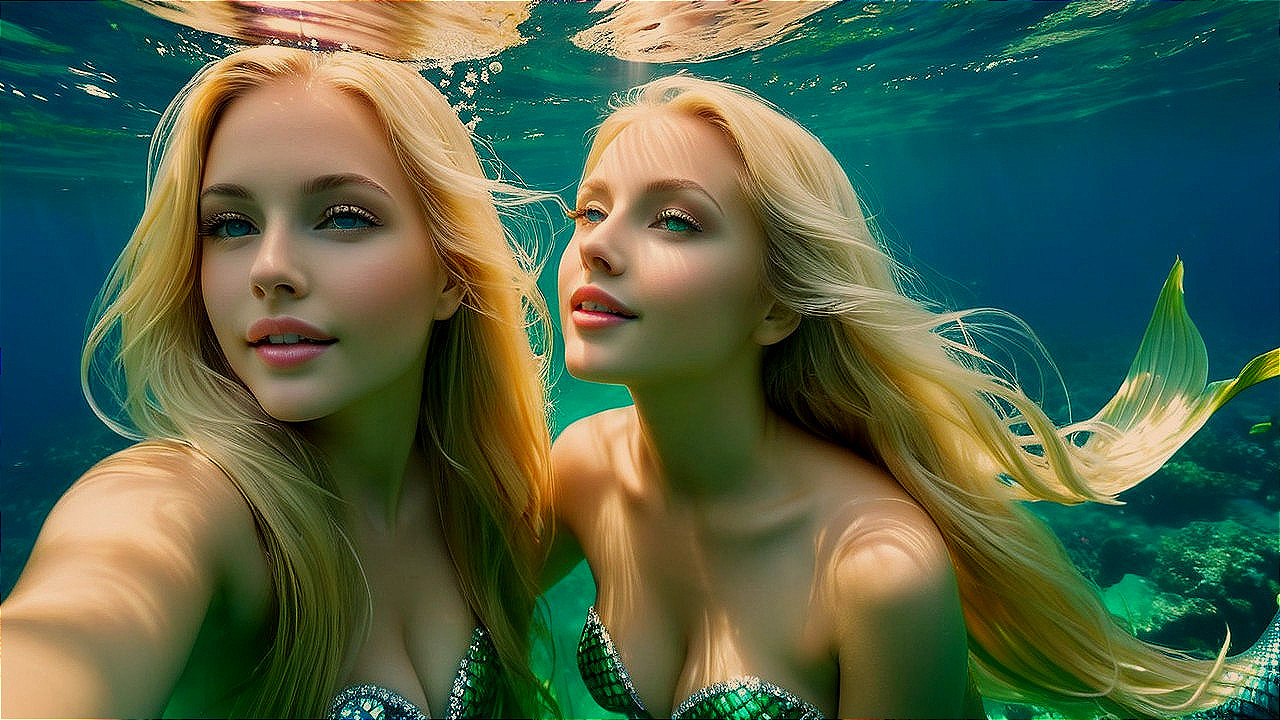 Underwater Scene of Two Women in Mermaid Costumes