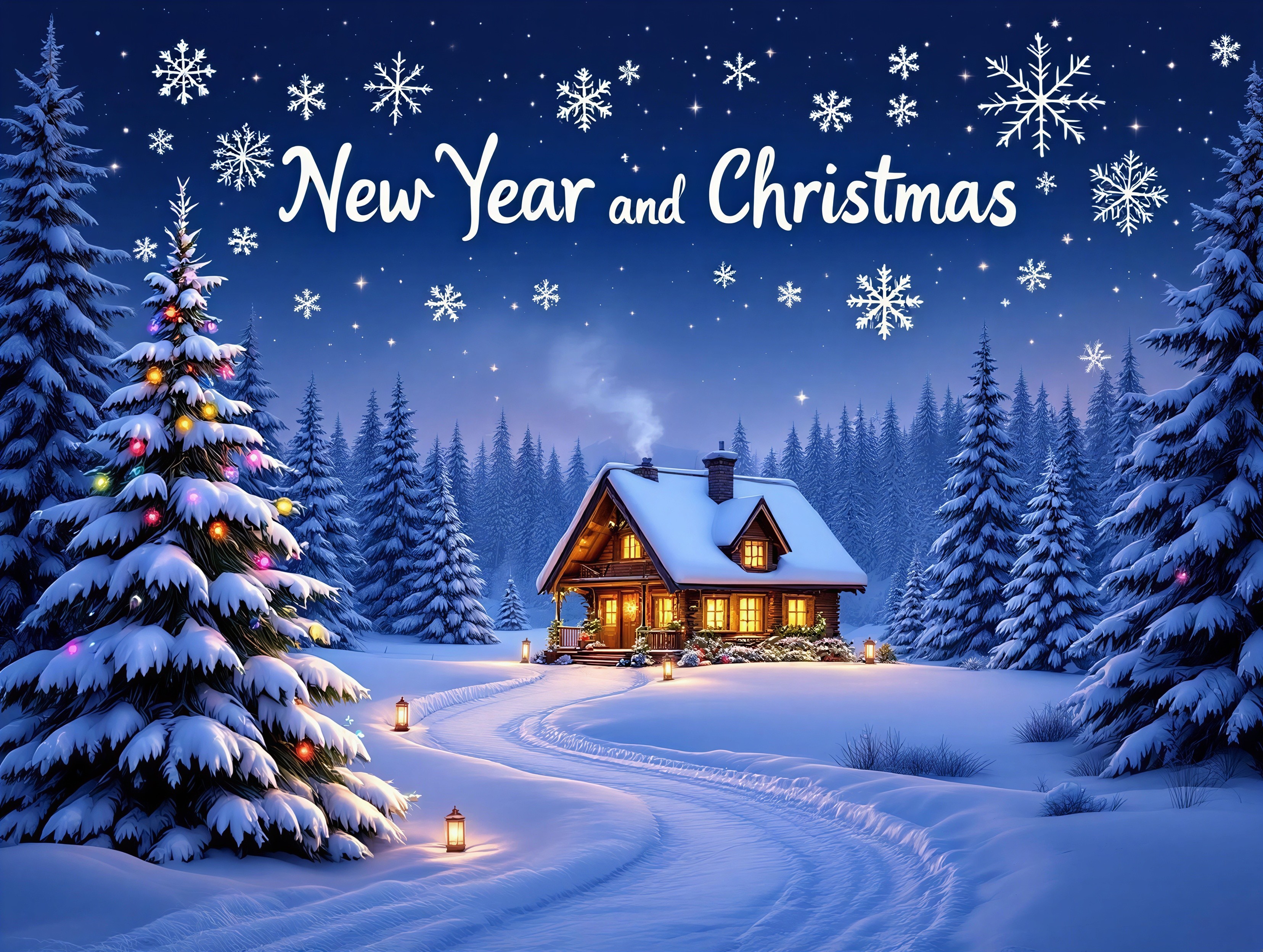 Cozy Snow-Covered Cabin Under Starry Night Sky