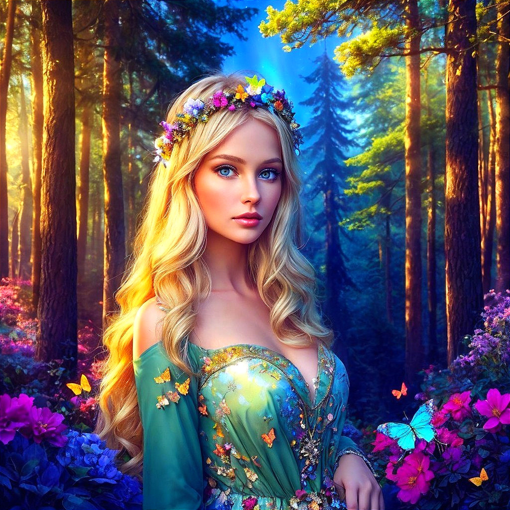Young woman in floral crown in vibrant forest setting