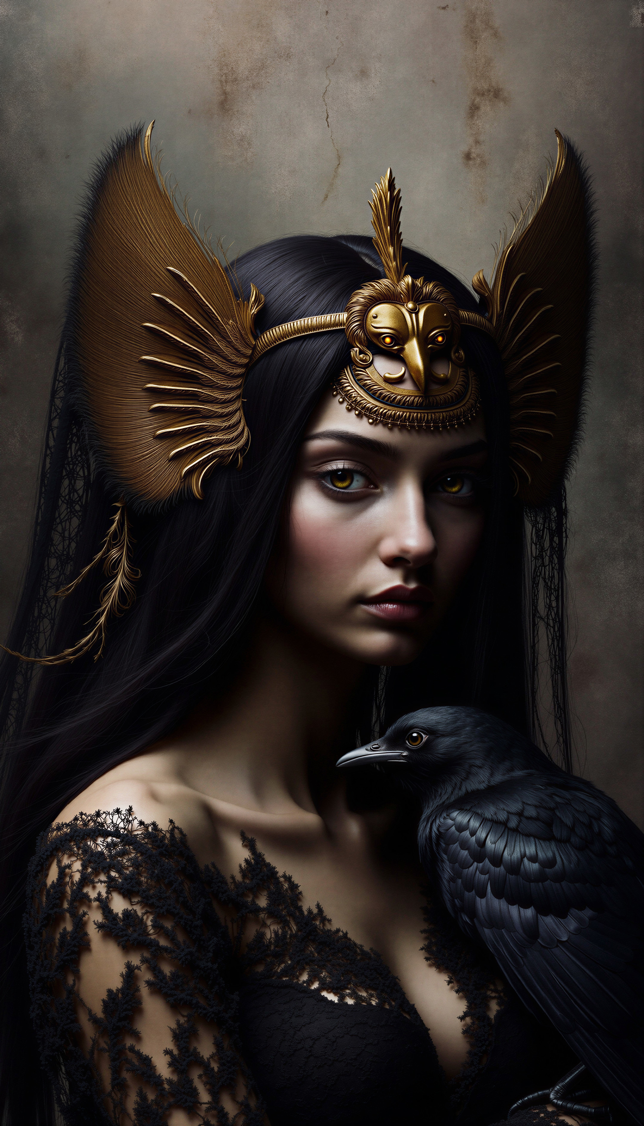Portrait of a Woman in Black Lace with Golden Headpiece