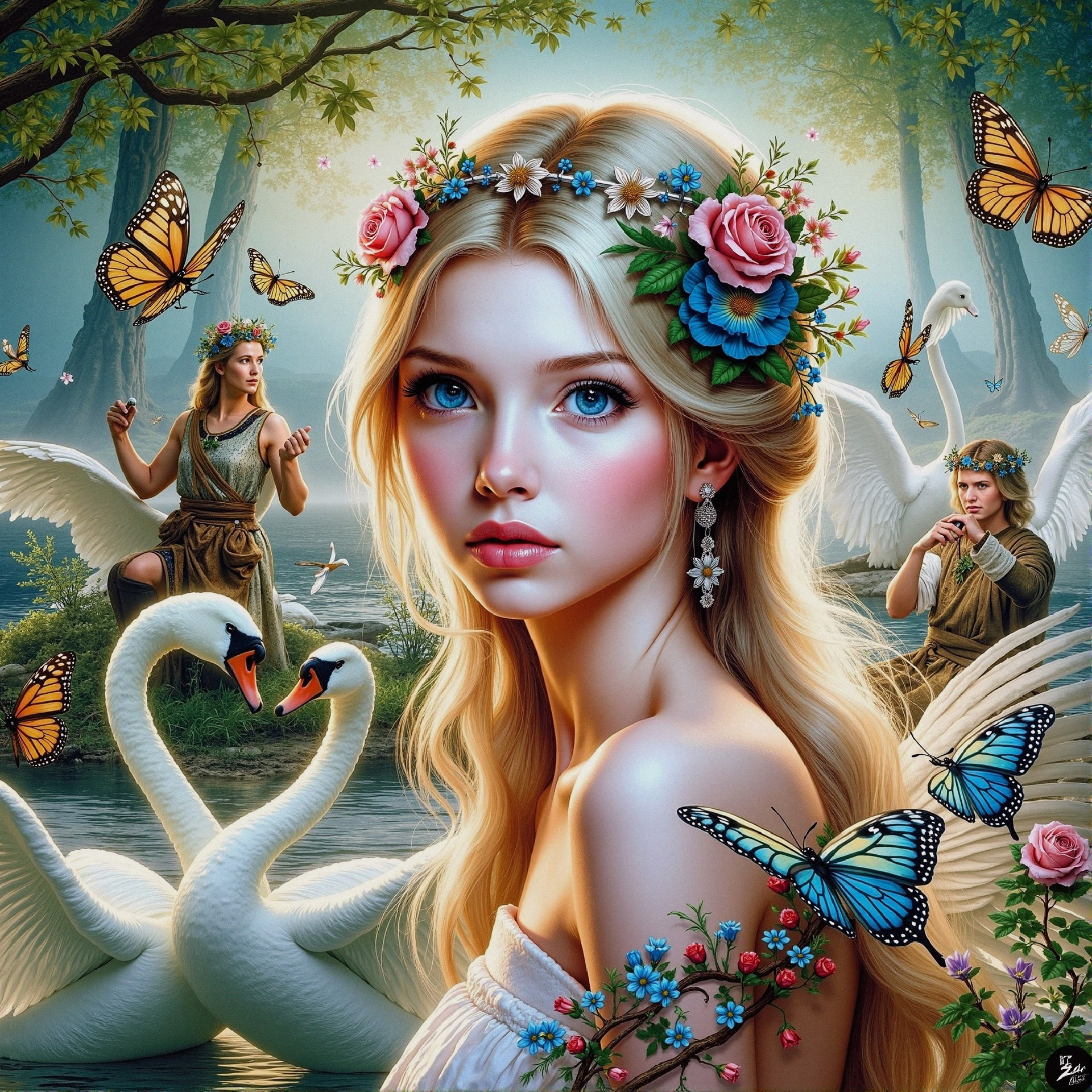 Serene Scene with Woman, Swans, and Butterflies