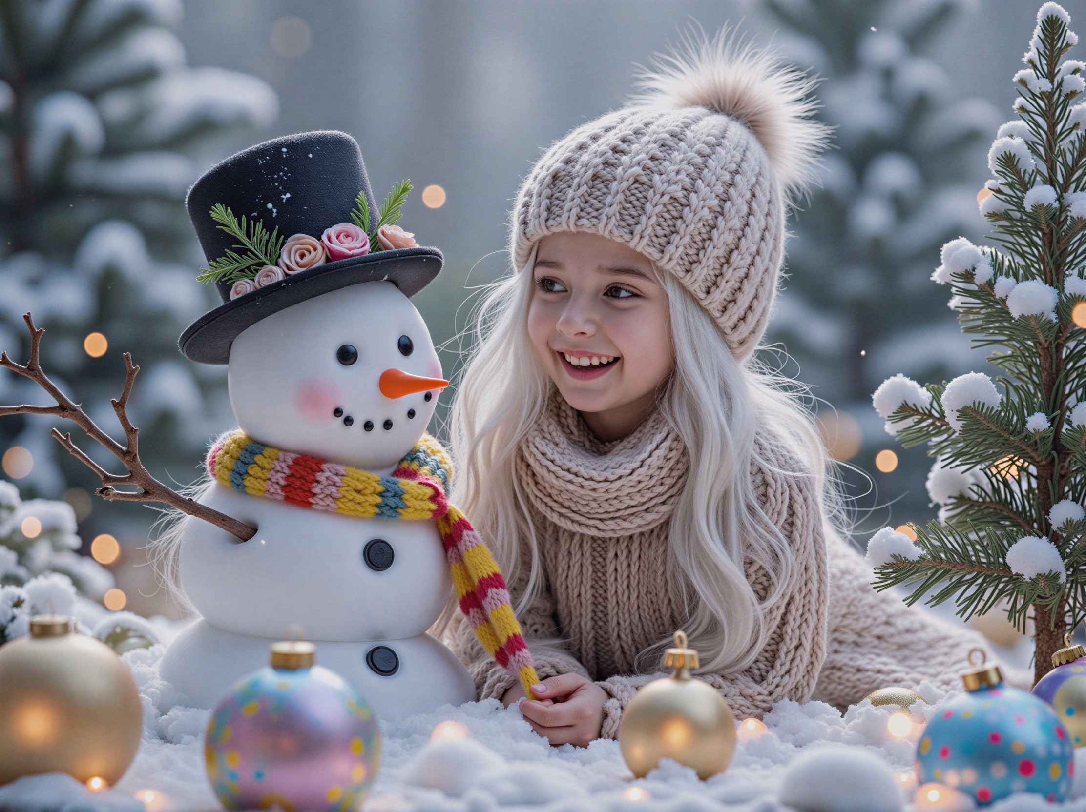 Cheerful girl and snowman in a winter scene