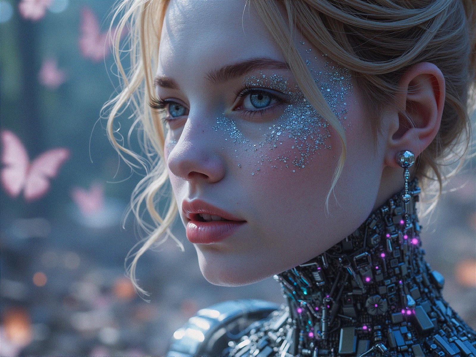 Close-up of a young woman with cybernetic features