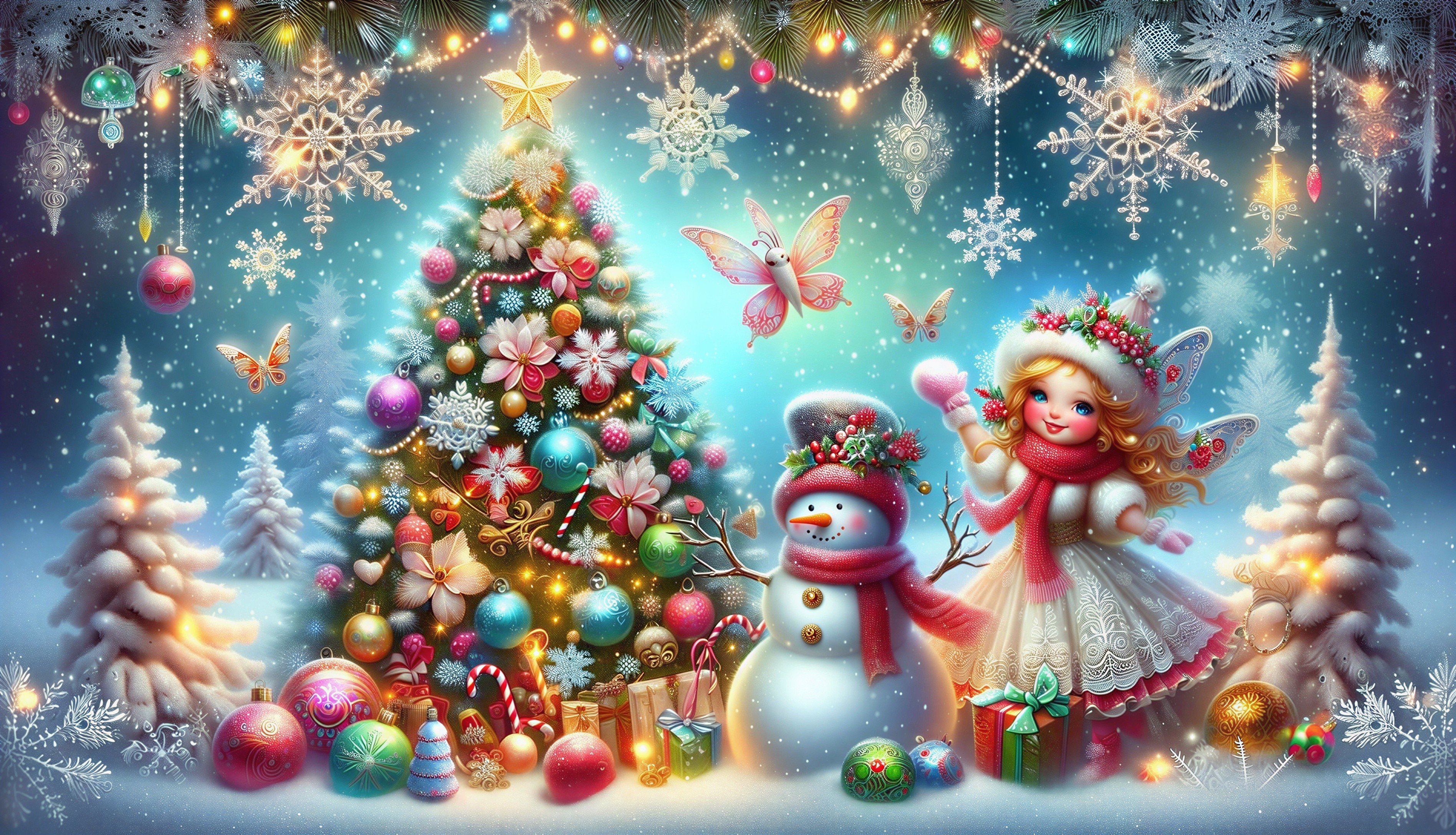 Whimsical Winter Scene with Christmas Tree and Snowman