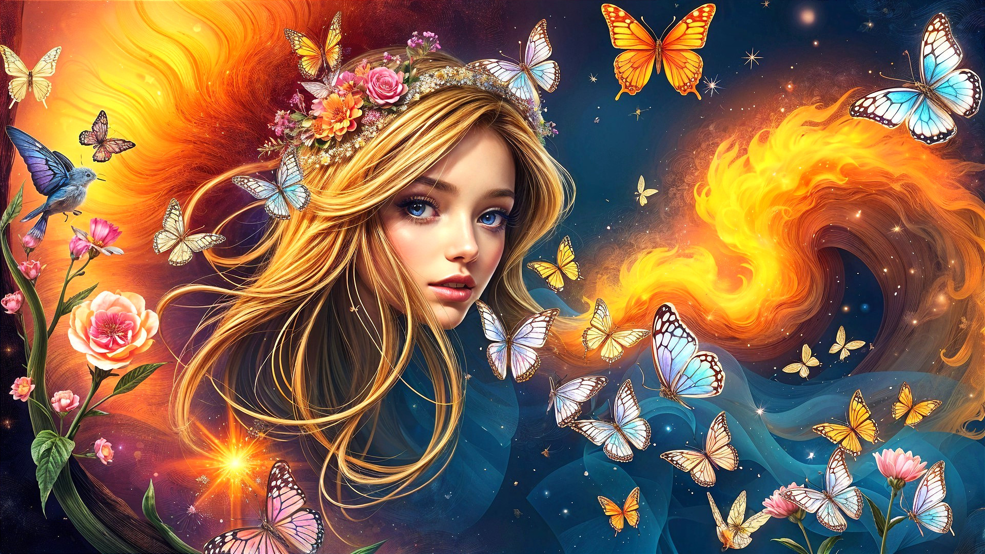 Fantasy Portrait of Young Woman with Butterflies