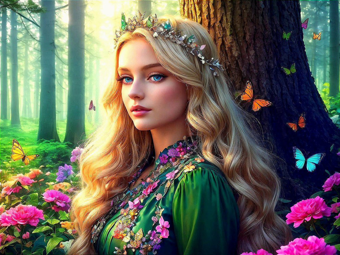 Young Woman in Embroidered Dress in Vibrant Forest