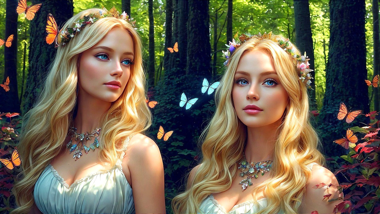 Ethereal figures in a serene forest glade with butterflies