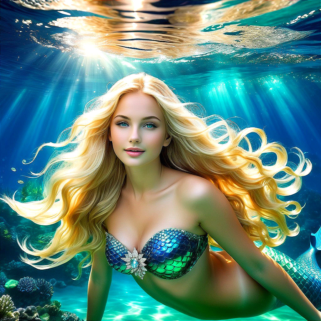 Mermaid Swimming Gracefully in Vibrant Underwater Scene