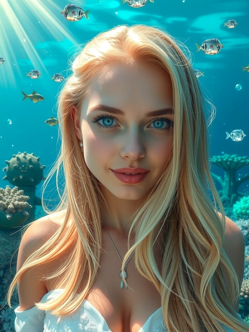 Underwater Scene of a Woman Surrounded by Coral Reefs
