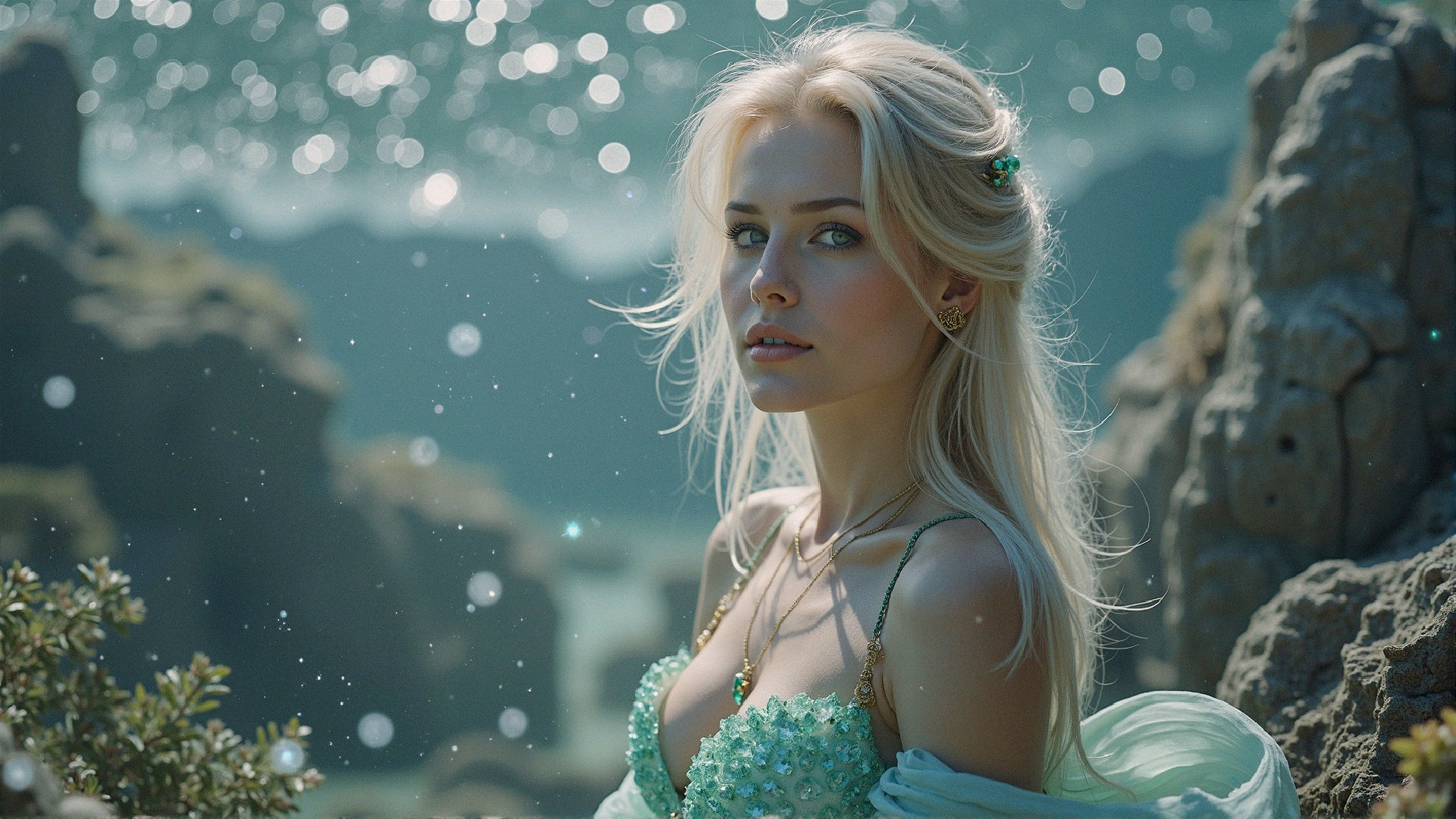 Young Woman in Green Outfit by Rocky Cliffs and Water