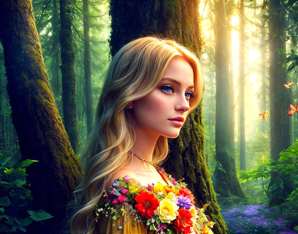 Serene young woman in a lush forest with butterflies