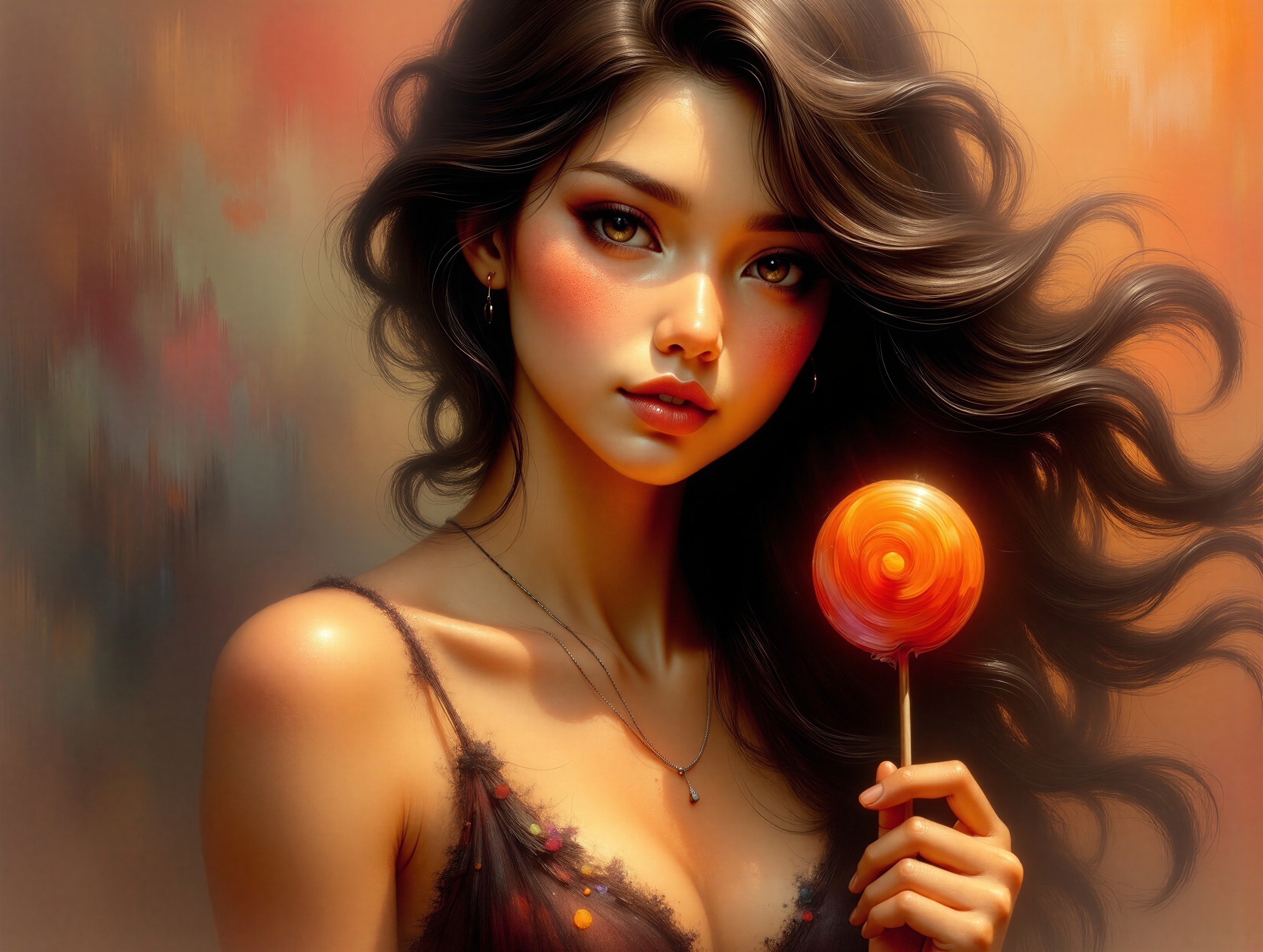 Young Woman with Lollipop Against Warm Background