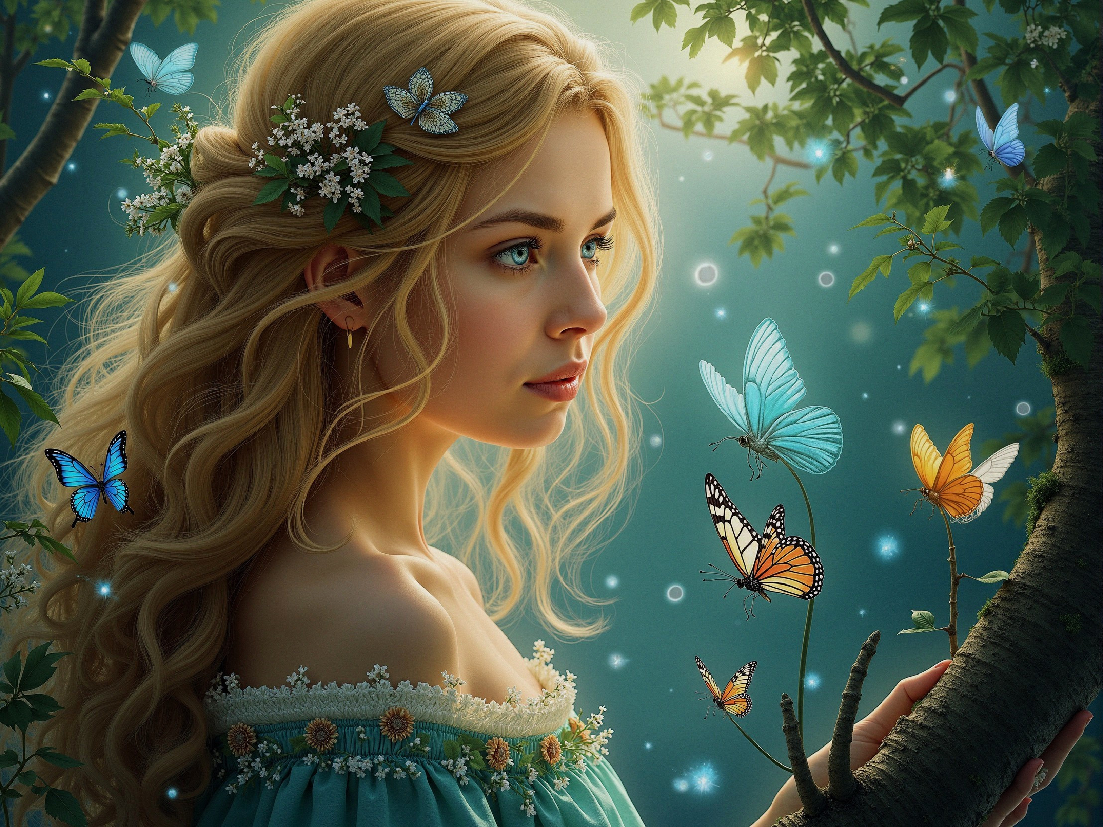 Young woman in a magical forest with butterflies