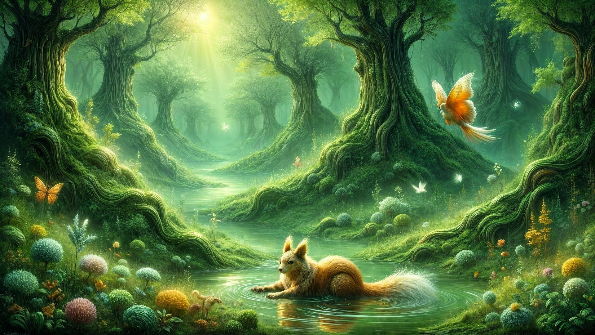 Serene Fox by Sparkling Stream in Enchanted Forest