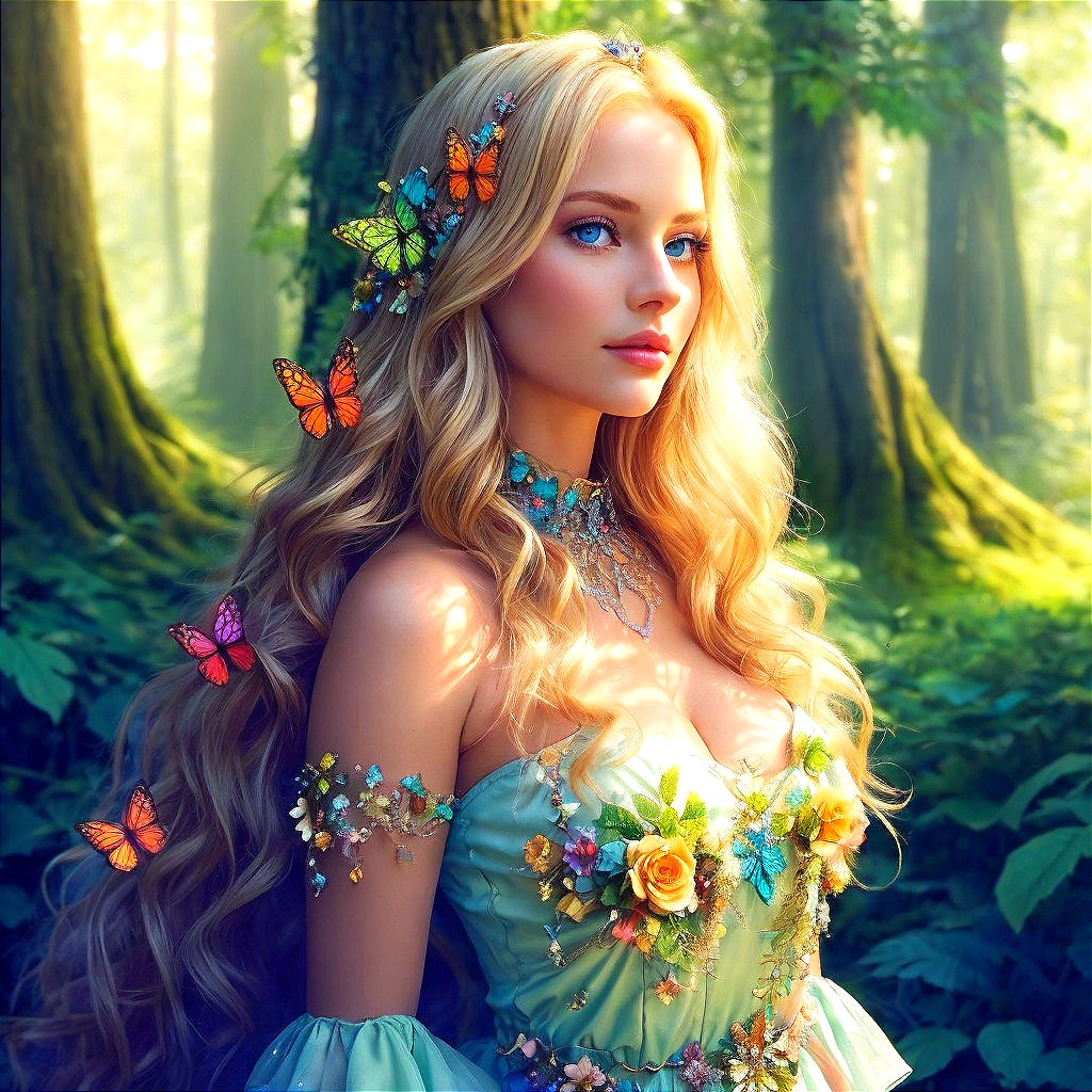 Young Woman in Floral Gown Surrounded by Forest Beauty