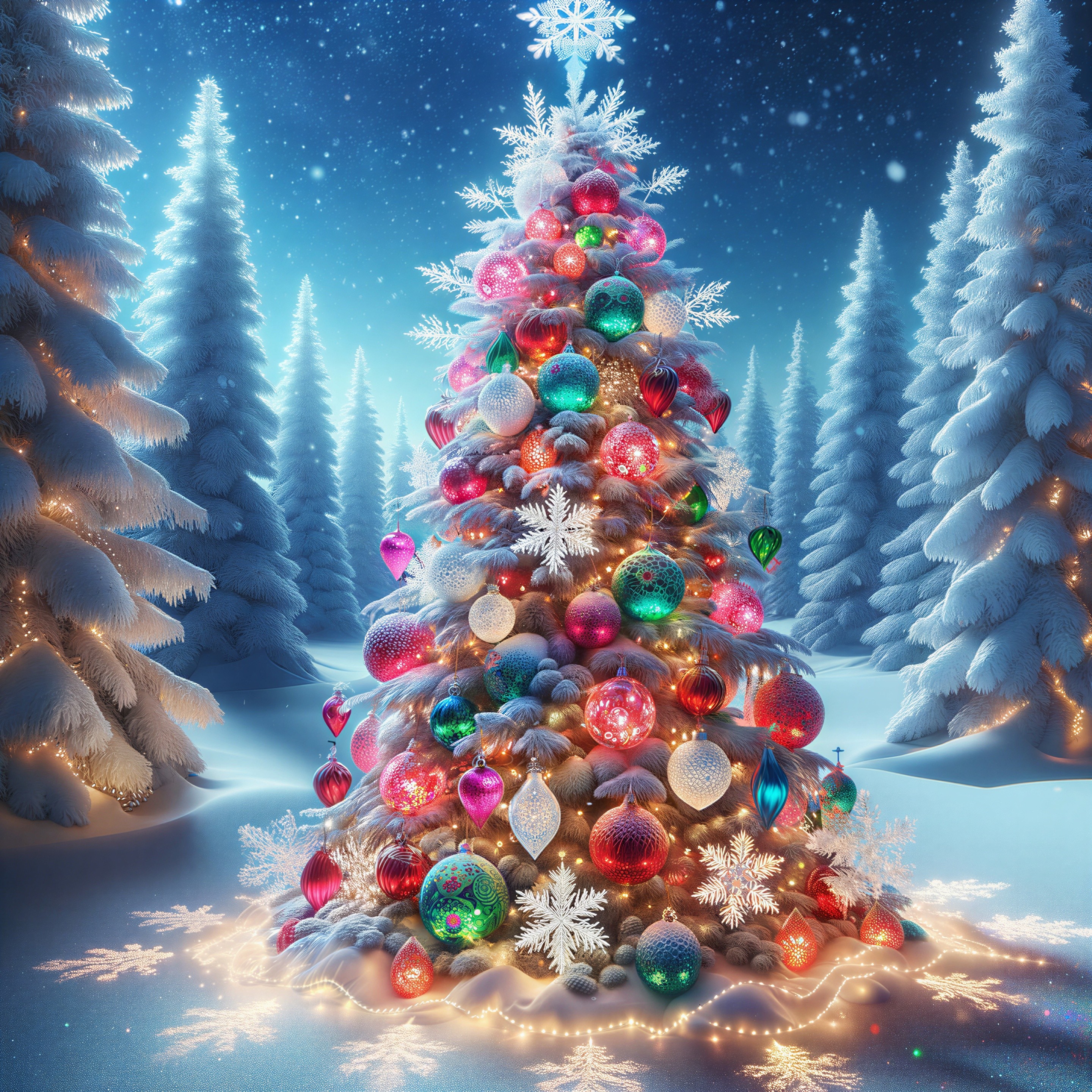 A brightly lit Christmas tree in a snowy landscape