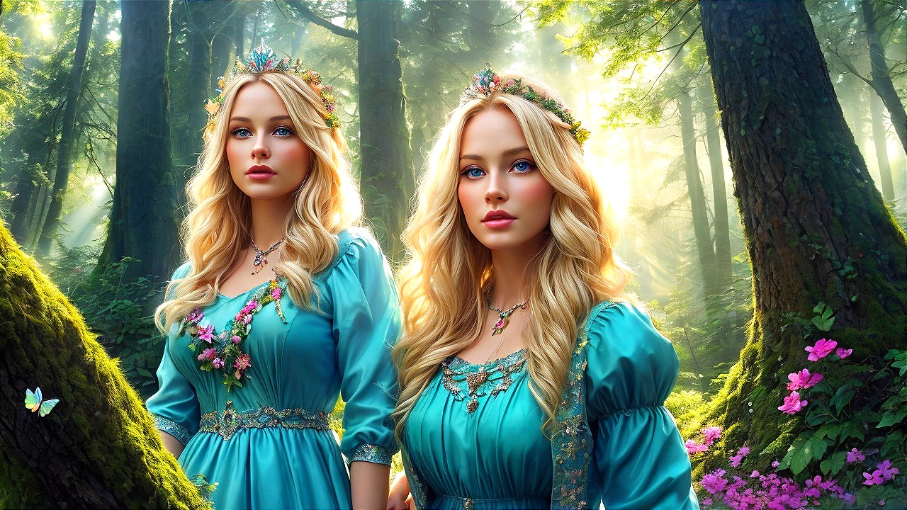 Enchanting Figures in Turquoise Gowns in a Forest