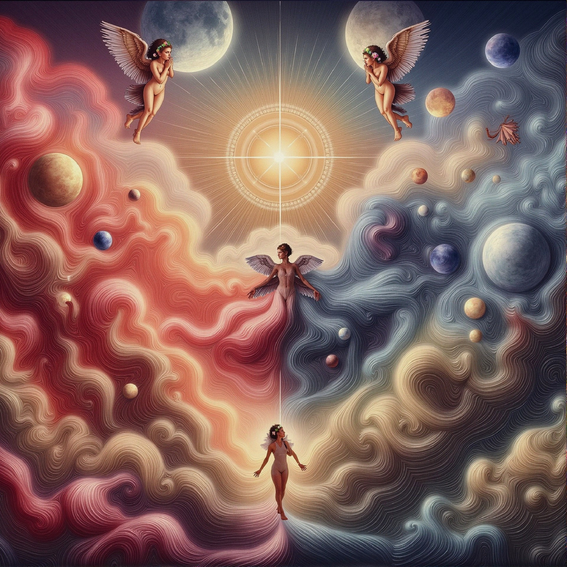 Celestial Scene with Angels, Moons, and Planets