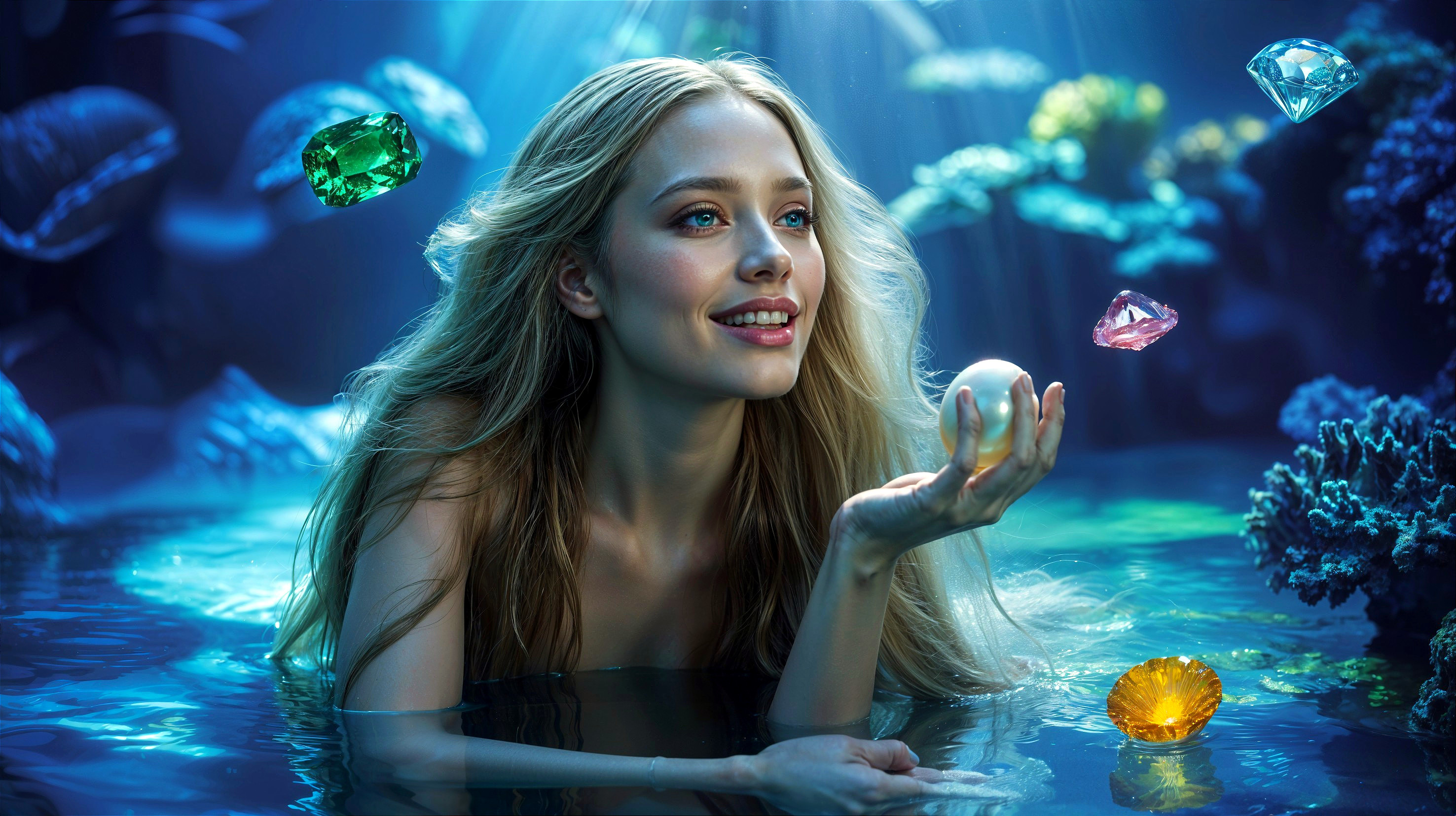 Underwater Scene with Woman and Glowing Pearl